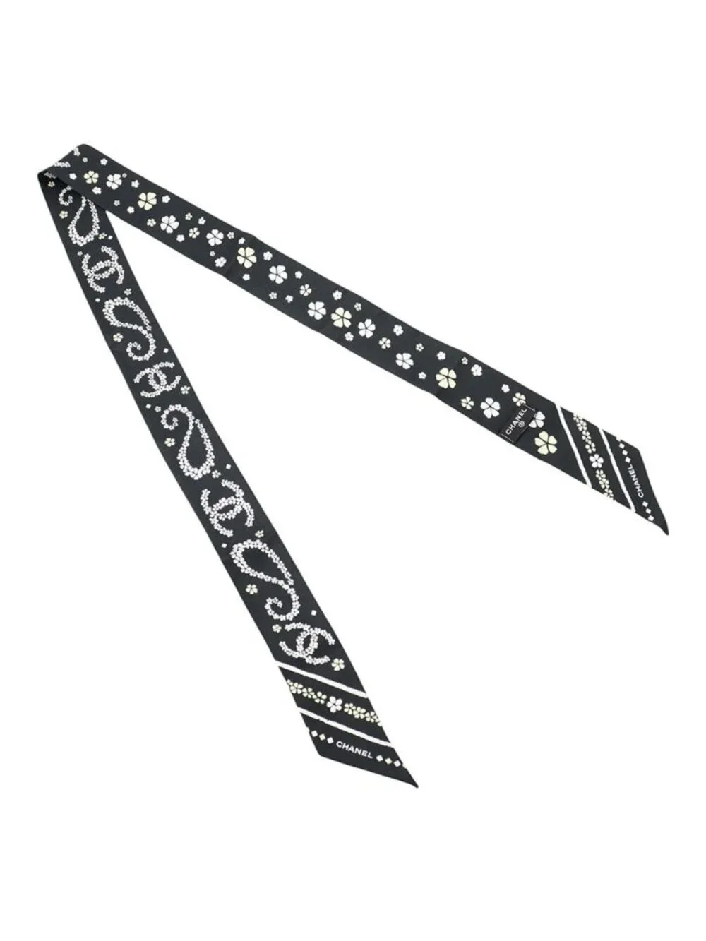 Chanel 26B Scarf CC Logo Flower Silk Black White